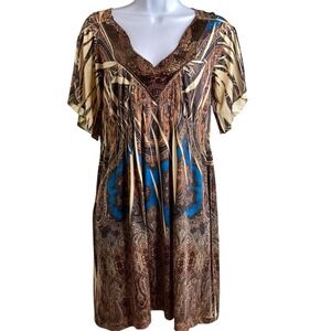 BOSTON PROPER Women's Brown Beaded Mini Dress Sz S Regal Print Old Money Boho